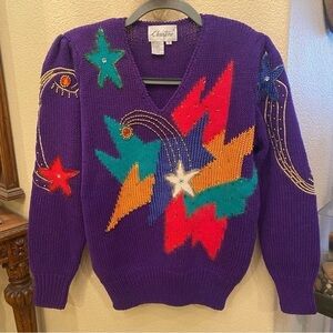 Vintage CHRISTINE Women Multicolor Wool Angora Star Embellish Sweater Size Small